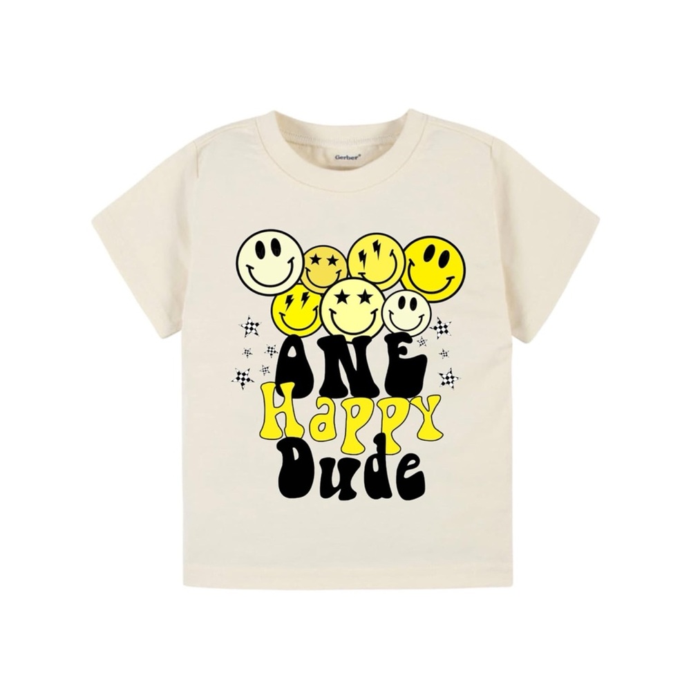 Laughing Giraffe Beige Black & Yellow First Birthday One Happy Dude Tee 12-18M